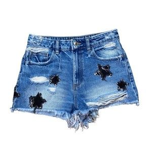 Zara Denim High Waisted Cut Off Embroidered Shorts Women's Size 2